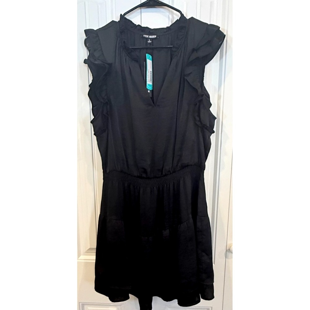 Steve Madden Prairie Dreams Dress Women's L Black Ruffle Mini NWT Boho V-Neck